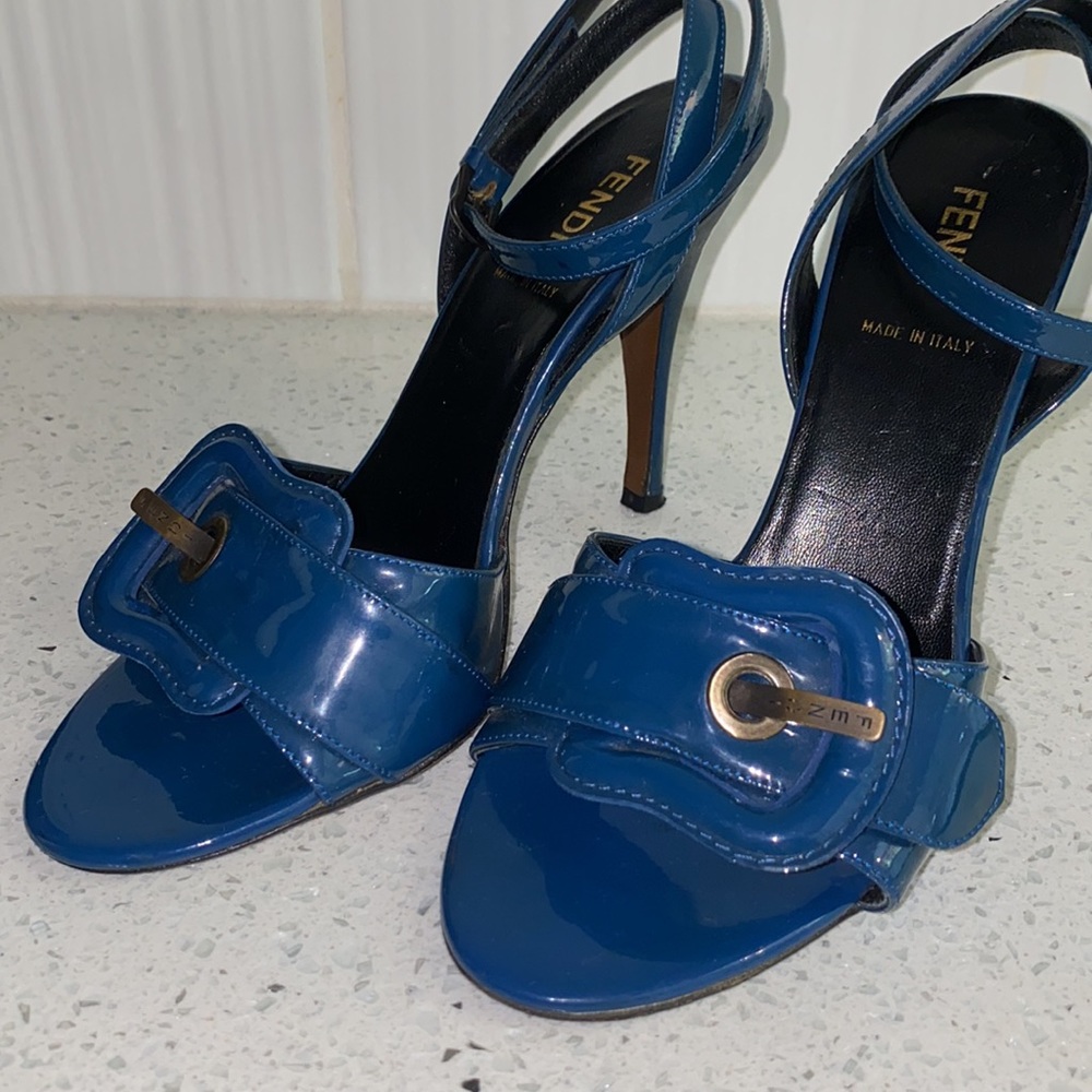 Fendi Designer Vintage Patent Leather Heel Shoes Sandals in Navy - Picture 2 of 7